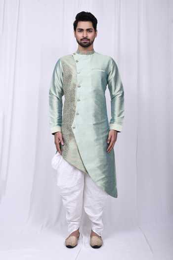 Aryavir Malhotra Green Silk Embroidery Jacquard Kurta And Cowl Pant Online at Aza Fashions Aryavir Malhotra_Green Silk Embroidery Jacquard Kurta And Cowl Pant _Online_at_Aza_Fashions