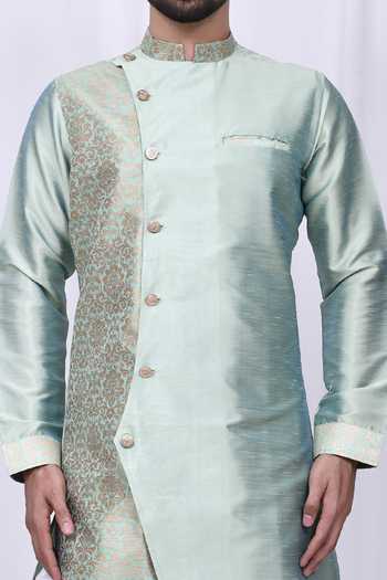 Shop Aryavir Malhotra Green Silk Embroidery Jacquard Kurta And Cowl Pant Online at Aza Fashions Shop_Aryavir Malhotra_Green Silk Embroidery Jacquard Kurta And Cowl Pant _Online_at_Aza_Fashions