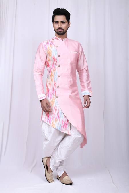 Aryavir Malhotra Pink Art Silk Printed Abstract Asymmetric Kurta And Cowl Pant