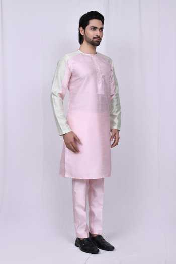 Arihant Rai Sinha_Pink Silk Colorblock Kurta Set_Online_at_Aza_Fashions