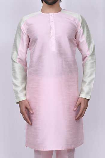 Arihant Rai Sinha_Pink Silk Colorblock Kurta Set_at_Aza_Fashions