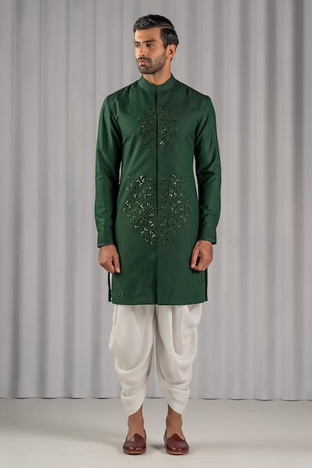Shop Punit Arora Green Silk Embroidered Kurta And Dhoti Pant Set at Aza Fashions Shop_Punit Arora_Green Silk Embroidered Kurta And Dhoti Pant Set _at_Aza_Fashions