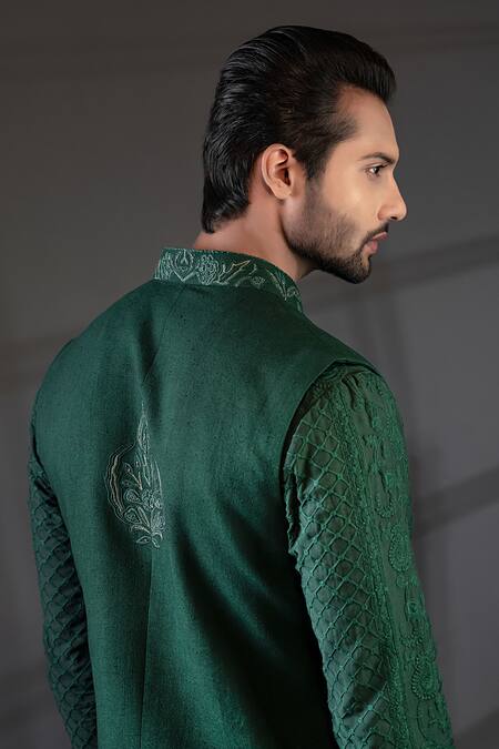 Shop Punit Arora Green Modal , Matka Embroidered Bundi And Kurta Set Online at Aza Fashions Shop_Punit Arora_Green Modal , Matka Embroidered Bundi And Kurta Set _Online_at_Aza_Fashions