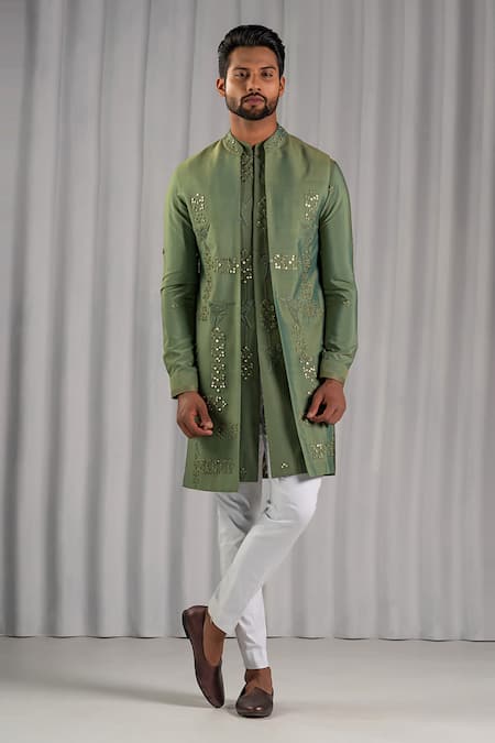 Punit Arora Green Cotton Silk Embroidered Bundi And Kurta Set 