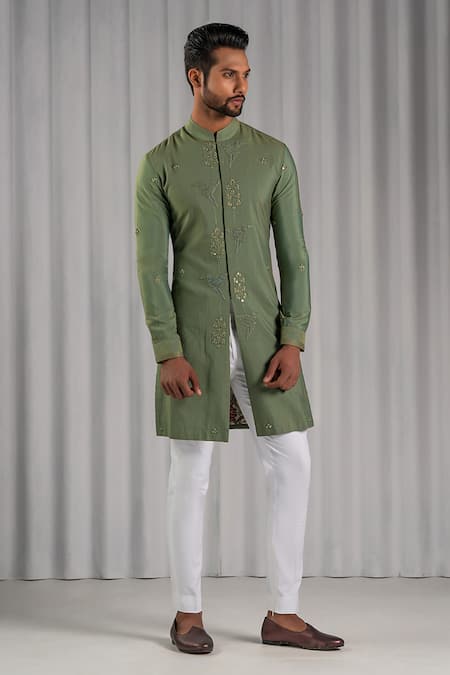 Shop Punit Arora Green Cotton Silk Embroidered Bundi And Kurta Set at Aza Fashions Shop_Punit Arora_Green Cotton Silk Embroidered Bundi And Kurta Set _at_Aza_Fashions
