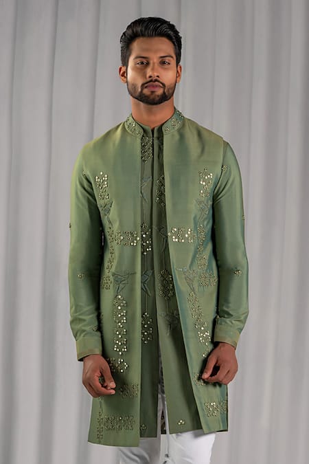 Buy Punit Arora Green Cotton Silk Embroidered Bundi And Kurta Set Online at Aza Fashions Buy_Punit Arora_Green Cotton Silk Embroidered Bundi And Kurta Set _Online_at_Aza_Fashions
