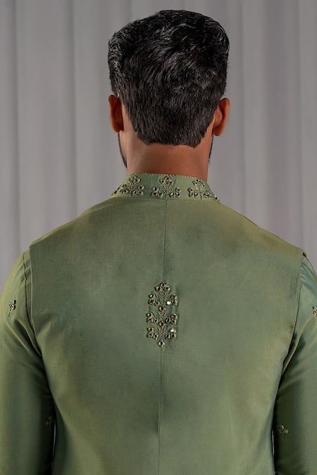 Shop Punit Arora Green Cotton Silk Embroidered Bundi And Kurta Set Online at Aza Fashions Shop_Punit Arora_Green Cotton Silk Embroidered Bundi And Kurta Set _Online_at_Aza_Fashions