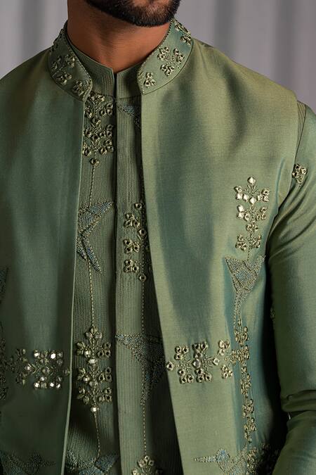 Punit Arora Green Cotton Silk Embroidered Bundi And Kurta Set at Aza Fashions Punit Arora_Green Cotton Silk Embroidered Bundi And Kurta Set _at_Aza_Fashions