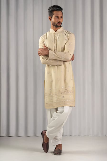 Punit Arora Beige Cotton Silk Embroidered Kurta And Pant Set 