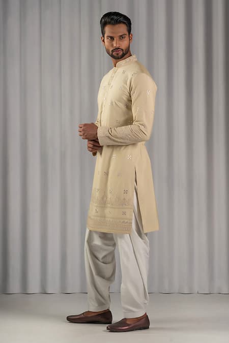 Shop Punit Arora Beige Cotton Silk Embroidered Kurta And Pant Set at Aza Fashions Shop_Punit Arora_Beige Cotton Silk Embroidered Kurta And Pant Set _at_Aza_Fashions