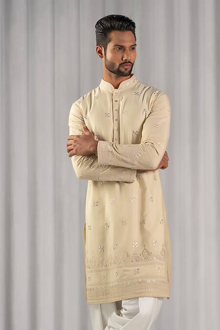 Punit Arora Beige Cotton Silk Embroidered Kurta And Pant Set Online at Aza Fashions Punit Arora_Beige Cotton Silk Embroidered Kurta And Pant Set _Online_at_Aza_Fashions