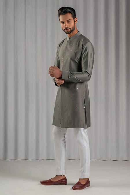 Shop Punit Arora Grey Cotton Silk Embroidered Kurta And Pant Set at Aza Fashions Shop_Punit Arora_Grey Cotton Silk Embroidered Kurta And Pant Set _at_Aza_Fashions