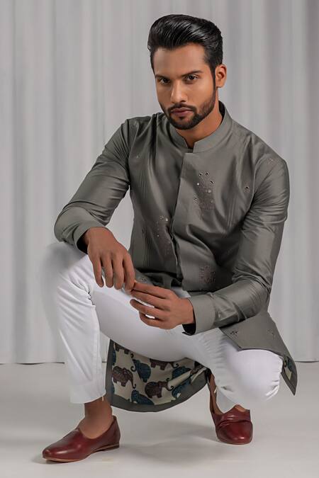 Punit Arora Grey Cotton Silk Embroidered Kurta And Pant Set Online at Aza Fashions Punit Arora_Grey Cotton Silk Embroidered Kurta And Pant Set _Online_at_Aza_Fashions