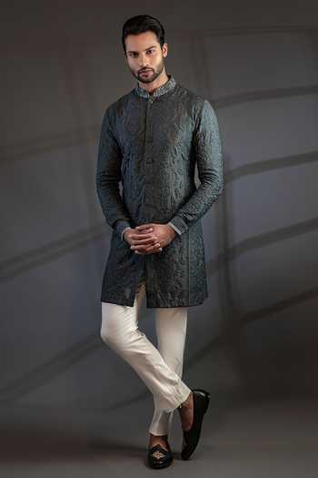 Shop Punit Arora Green Cotton Silk Embroidered Bundi And Kurta Set at Aza Fashions Shop_Punit Arora_Green Cotton Silk Embroidered Bundi And Kurta Set _at_Aza_Fashions