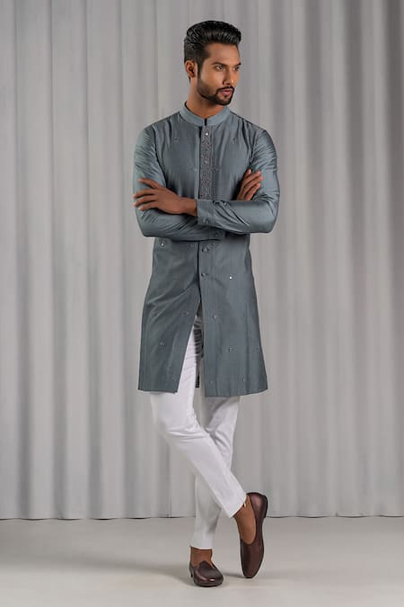 Punit Arora Grey Cotton Silk Embroidered Kurta And Pant Set 