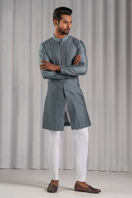 Shop Punit Arora Grey Cotton Silk Embroidered Kurta And Pant Set at Aza Fashions Shop_Punit Arora_Grey Cotton Silk Embroidered Kurta And Pant Set _at_Aza_Fashions