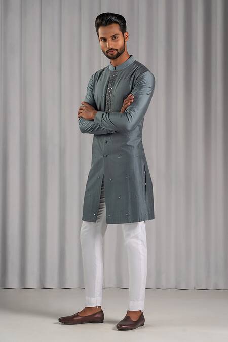Punit Arora Grey Cotton Silk Embroidered Kurta And Pant Set Online at Aza Fashions Punit Arora_Grey Cotton Silk Embroidered Kurta And Pant Set _Online_at_Aza_Fashions