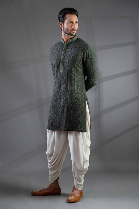 Shop Punit Arora Green Bundi Matka Silk Dhoti Pant Modal Silk Cotton Embroidered And Kurta Set at Aza Fashions Shop_Punit Arora_Green Bundi Matka Silk Dhoti Pant Modal Silk Cotton Embroidered And Kurta Set_at_Aza_Fashions