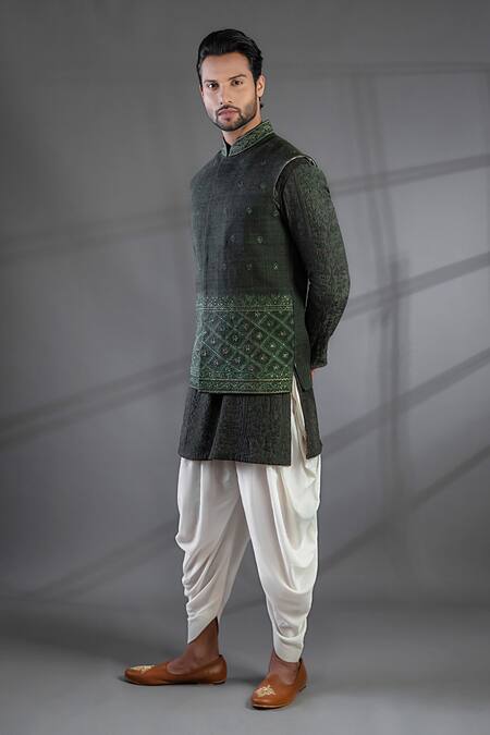 Punit Arora Green Bundi Matka Silk Dhoti Pant Modal Silk Cotton Embroidered And Kurta Set Online at Aza Fashions Punit Arora_Green Bundi Matka Silk Dhoti Pant Modal Silk Cotton Embroidered And Kurta Set_Online_at_Aza_Fashions