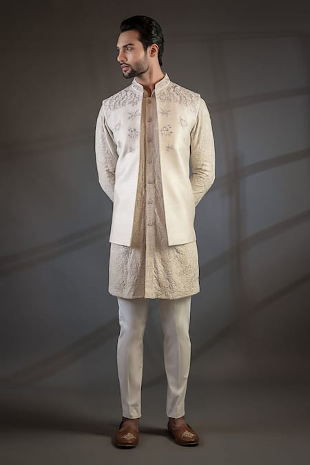 Punit Arora Peach Cotton , Muga Embroidered Bundi And Kurta Set 