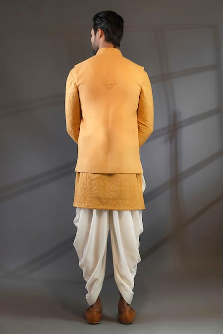 Shop Punit Arora Peach Cotton , Modal , Matka Embroidered Bundi And Kurta Set at Aza Fashions Shop_Punit Arora_Peach Cotton , Modal , Matka Embroidered Bundi And Kurta Set _at_Aza_Fashions