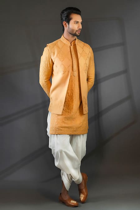 Punit Arora Peach Cotton , Modal , Matka Embroidered Bundi And Kurta Set Online at Aza Fashions Punit Arora_Peach Cotton , Modal , Matka Embroidered Bundi And Kurta Set _Online_at_Aza_Fashions