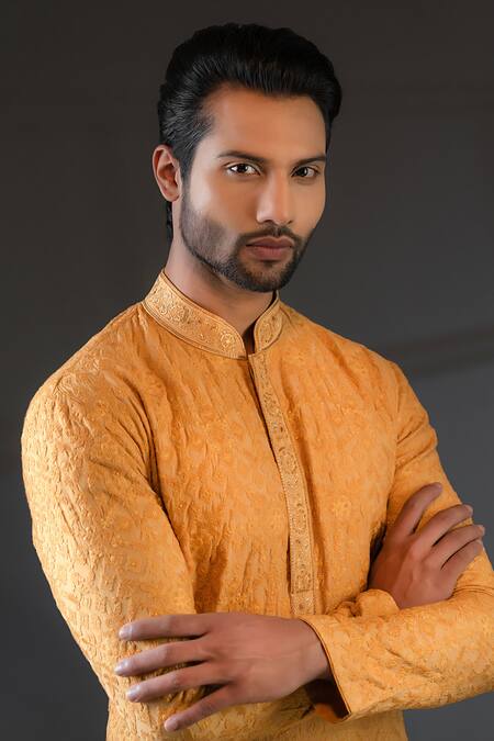 Shop Punit Arora Peach Cotton , Modal , Matka Embroidered Bundi And Kurta Set Online at Aza Fashions Shop_Punit Arora_Peach Cotton , Modal , Matka Embroidered Bundi And Kurta Set _Online_at_Aza_Fashions