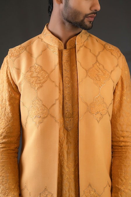 Punit Arora Peach Cotton , Modal , Matka Embroidered Bundi And Kurta Set at Aza Fashions Punit Arora_Peach Cotton , Modal , Matka Embroidered Bundi And Kurta Set _at_Aza_Fashions