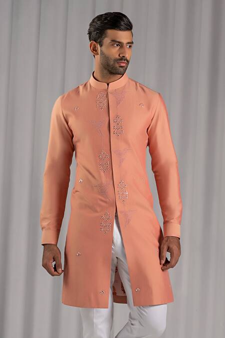 Shop Punit Arora Peach Cotton Silk Embroidered Kurta And Pant Set at Aza Fashions Shop_Punit Arora_Peach Cotton Silk Embroidered Kurta And Pant Set _at_Aza_Fashions