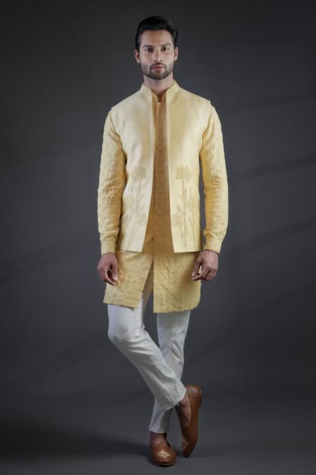 Punit Arora Yellow Cotton , Muga Embroidered Bundi And Kurta Set 