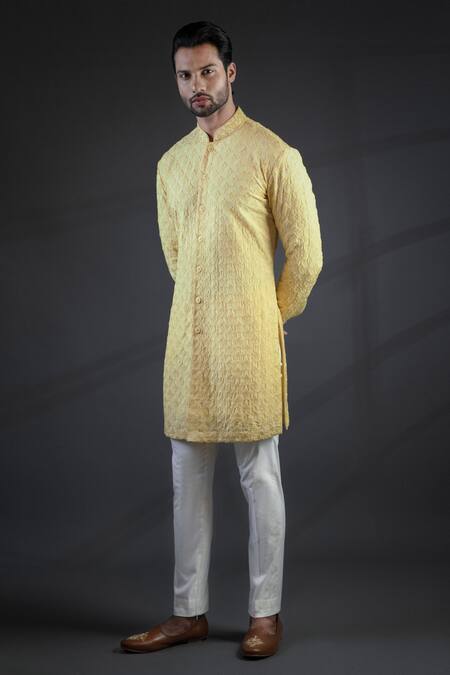Shop Punit Arora Yellow Cotton , Muga Embroidered Bundi And Kurta Set at Aza Fashions Shop_Punit Arora_Yellow Cotton , Muga Embroidered Bundi And Kurta Set _at_Aza_Fashions