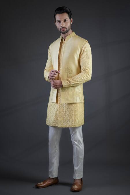 Punit Arora Yellow Cotton , Muga Embroidered Bundi And Kurta Set Online at Aza Fashions Punit Arora_Yellow Cotton , Muga Embroidered Bundi And Kurta Set _Online_at_Aza_Fashions
