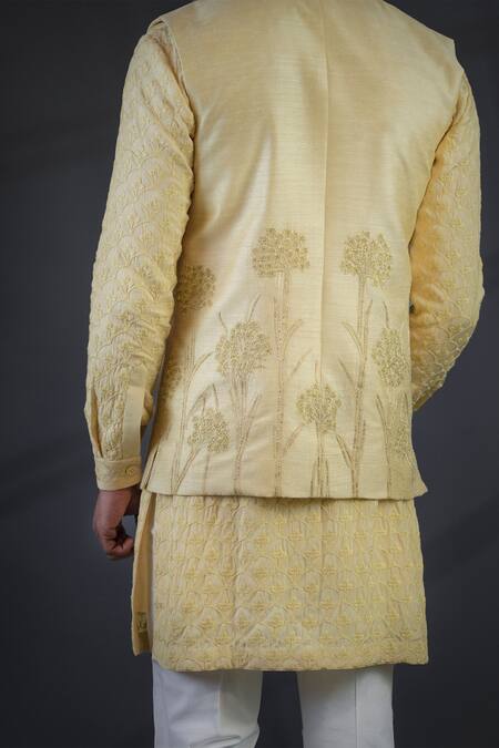Shop Punit Arora Yellow Cotton , Muga Embroidered Bundi And Kurta Set Online at Aza Fashions Shop_Punit Arora_Yellow Cotton , Muga Embroidered Bundi And Kurta Set _Online_at_Aza_Fashions