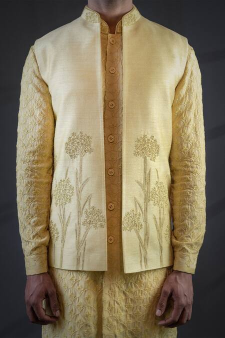 Punit Arora Yellow Cotton , Muga Embroidered Bundi And Kurta Set at Aza Fashions Punit Arora_Yellow Cotton , Muga Embroidered Bundi And Kurta Set _at_Aza_Fashions