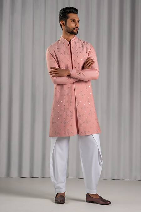 Shop Punit Arora Peach Cotton Silk Embroidered Bundi And Kurta Set at Aza Fashions Shop_Punit Arora_Peach Cotton Silk Embroidered Bundi And Kurta Set _at_Aza_Fashions