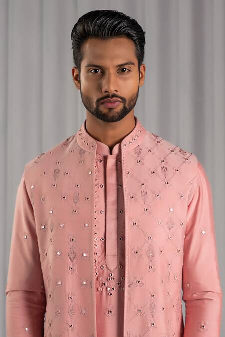 Shop Punit Arora Peach Cotton Silk Embroidered Bundi And Kurta Set Online at Aza Fashions Shop_Punit Arora_Peach Cotton Silk Embroidered Bundi And Kurta Set _Online_at_Aza_Fashions
