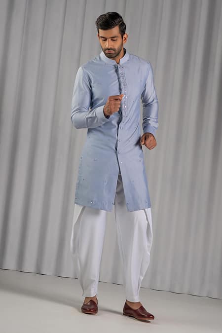 Punit Arora Blue Cotton Silk Embroidered Kurta Set 