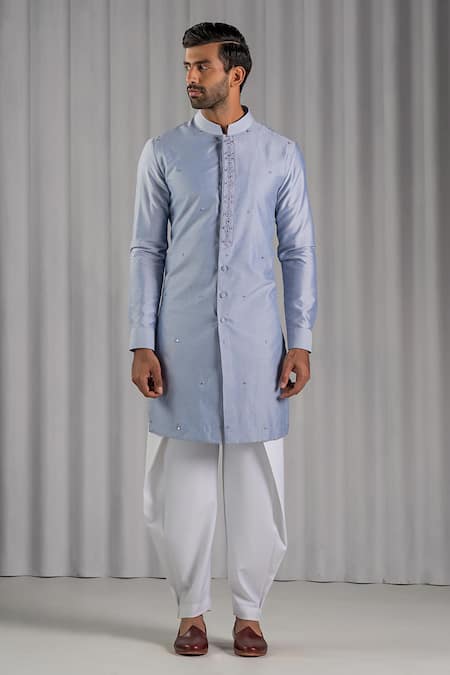 Shop Punit Arora Blue Cotton Silk Embroidered Kurta Set at Aza Fashions Shop_Punit Arora_Blue Cotton Silk Embroidered Kurta Set _at_Aza_Fashions