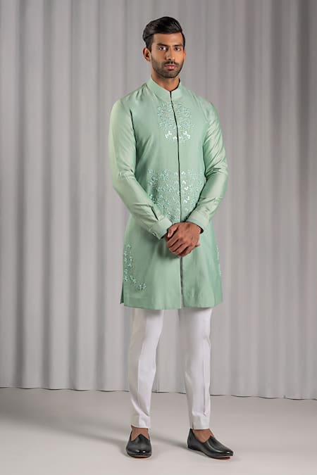 Shop Punit Arora Green Cotton Silk Embroidered Kurta Set at Aza Fashions Shop_Punit Arora_Green Cotton Silk Embroidered Kurta Set _at_Aza_Fashions