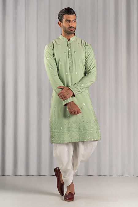 Punit Arora Green Cotton Silk Embroidered Kurta Set 