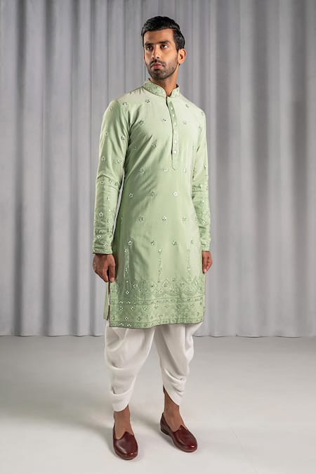 Shop Punit Arora Green Cotton Silk Embroidered Kurta Set at Aza Fashions Shop_Punit Arora_Green Cotton Silk Embroidered Kurta Set _at_Aza_Fashions