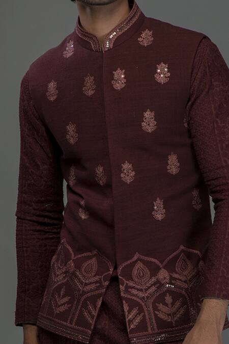 Shop Punit Arora Wine Silk Thread And Sequin Bundi & Kurta Set at Aza Fashions Shop_Punit Arora_Wine Silk Thread And Sequin Bundi & Kurta Set _at_Aza_Fashions