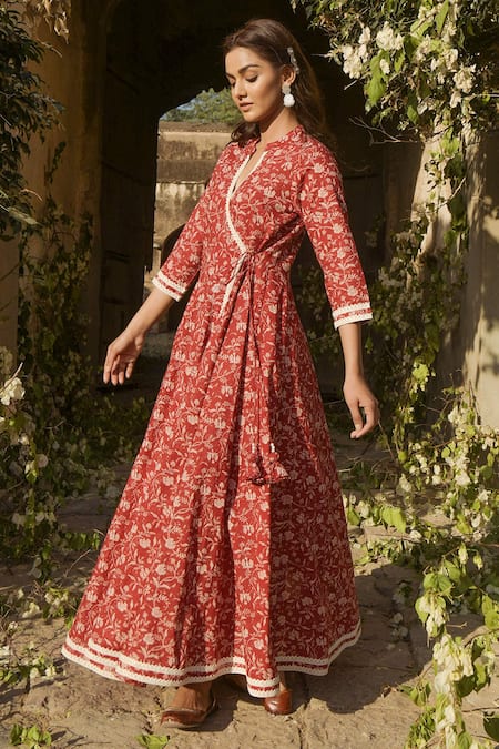 Shop_Karaj Jaipur_Maroon Cotton Embroidery Mandarin Collar Printed Anarkali With Dupatta_Online_at_Aza_Fashions