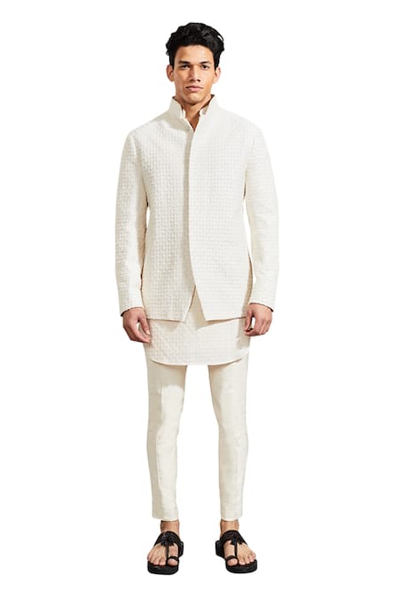 Buy White Silk Plant Beaded Bandhgala For Men by Kunal Rawal