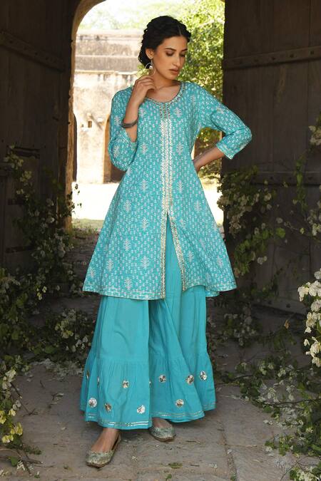 Karaj Jaipur_Blue Cotton Embroidery Round Printed Kurta Set_Online_at_Aza_Fashions