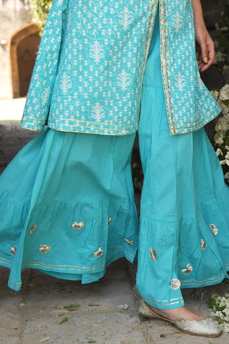 Shop_Karaj Jaipur_Blue Cotton Embroidery Round Printed Kurta Set_Online_at_Aza_Fashions