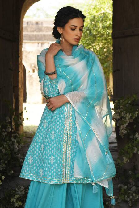 Karaj Jaipur_Blue Cotton Embroidery Round Printed Kurta Set_at_Aza_Fashions