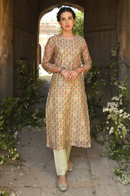 Buy_Karaj Jaipur_Green Kurta Chanderi Pant Cotton Dupatta Kota Doriya Printed Set_Online_at_Aza_Fashions