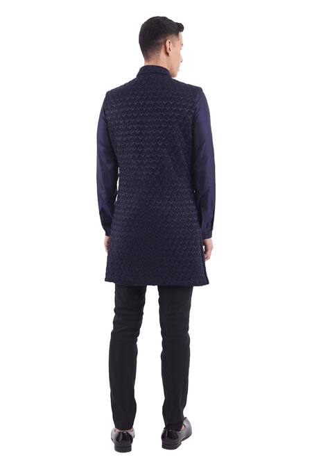 Shop Kunal Rawal Blue Suiting Embroidered Longline Nehru Jacket at Aza Fashions Shop_Kunal Rawal_Blue Suiting Embroidered Longline Nehru Jacket _at_Aza_Fashions