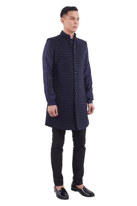 Kunal Rawal Blue Suiting Embroidered Longline Nehru Jacket Online at Aza Fashions Kunal Rawal_Blue Suiting Embroidered Longline Nehru Jacket _Online_at_Aza_Fashions